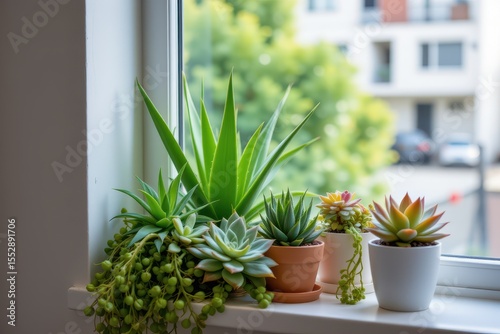 artistic scene of glowing aloe vera and other succulents grouped on a windowsill, maximizing small apartment space.