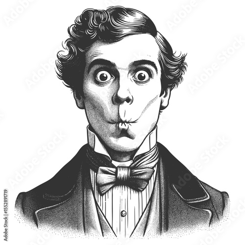 wide-eyed Victorian man puckering his lips humorously in a fish face expression sketch engraving generative ai fictional character vector illustration. Scratch board imitation. Black and white image.