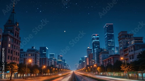 Night Cityscape: Car Light Trails Under Starry Sky and Moonlit Buildings