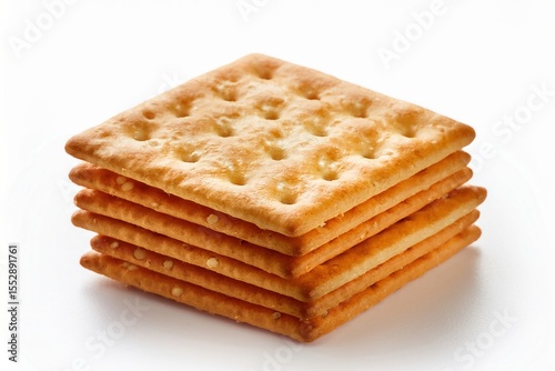 Closeup view of stacked square crackers with perforated holes and golden-baked surface, isolated on a white background