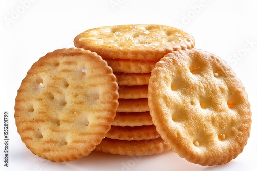 Round buttery crackers arranged in overlapping pattern, visible crisp texture and surface salt, isolated on a white background