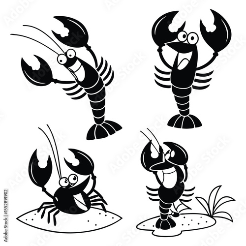 Playful black and white cartoon lobster characters on sand for kids