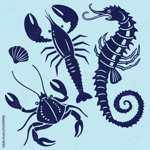 Nautical marine life illustration with lobster crab seahorse and seashell in blue