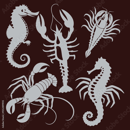 Sea creature silhouettes set featuring lobsters and seahorses on dark background