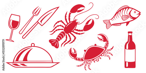 Seafood restaurant menu icons red lobster crab fish wine bottle isolated