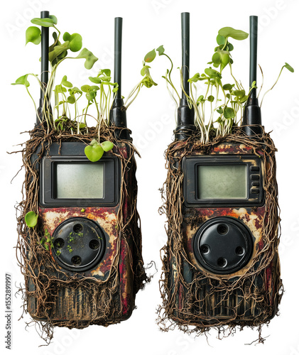 Walkie talkies entwined with roots and sprouts symbolize outdated technology and nature reclaiming., isolated