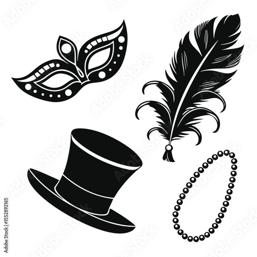 Black and white mardi gras masquerade silhouette collection vector art