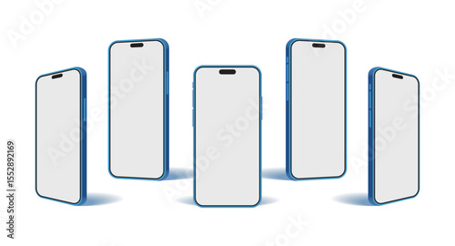 Realistic Smartphone Mockup – 3D Mobile Phone with Shadow, High Quality Smart Phone for UI or UX Presentation, Device Front, Side, and Perspective View. Vector.