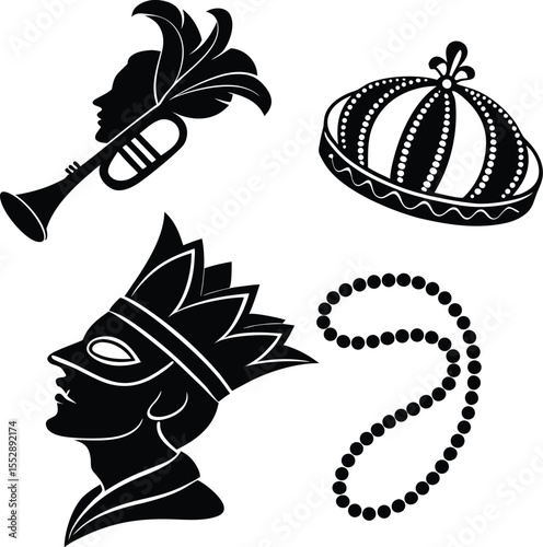 Black and white mardi gras vector elements with trumpet masks and beads