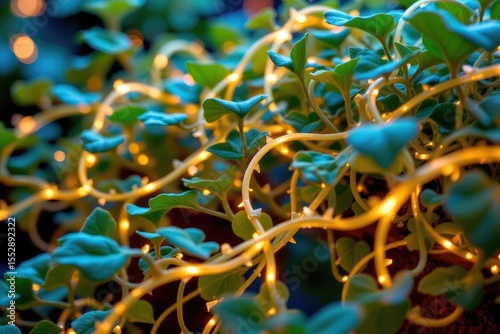 close up of glowing vines intertwined with fiber optic cables, transmitting information through living plants.