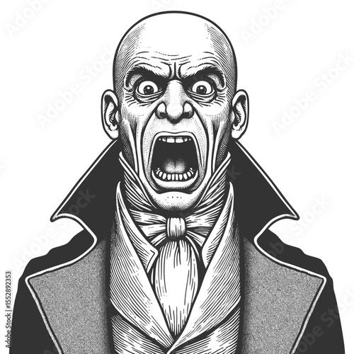 bald Victorian man screaming in horror, with wide eyes and a formal coat sketch engraving generative ai fictional character vector illustration. Scratch board imitation. Black and white image.