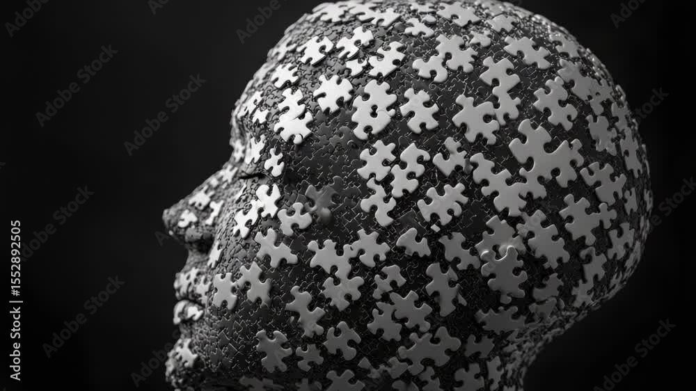 A simple yet striking image of a human head formed by interlocking puzzle pieces in shades of gray
