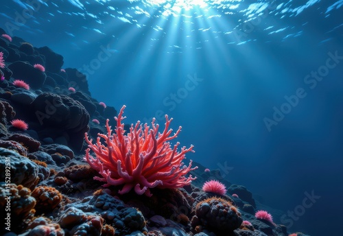 artistic scene of glowing underwater coral reefs with embedded sensors monitoring ocean health.