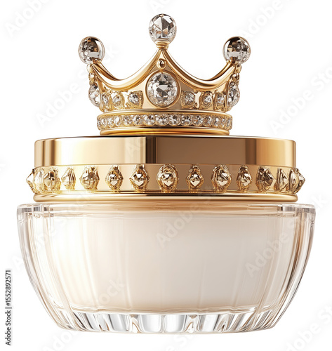 Luxurious beauty cream container with crown shaped lid, adorned with sparkling jewels, exudes elegance and sophistication., isolated