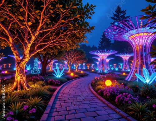 a glowing futuristic park where nature and augmented reality blend seamlessly for visitor experience.