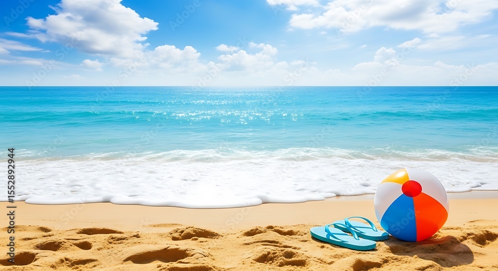 Obraz premium Sunny beach scene with colorful beach ball and flip flops by the ocean