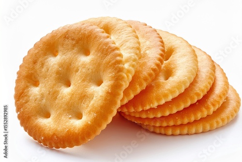 Round buttery crackers arranged in overlapping pattern, visible crisp texture and surface salt, isolated on a white background