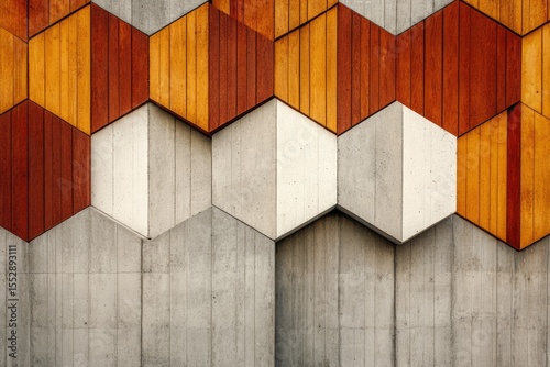 Geometric wall with hexagonal patterns of concrete and wood in orange and brown hues.