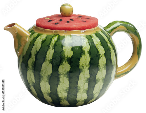Whimsical teapot designed to resemble watermelon, featuring vibrant green body with red lid., isolated