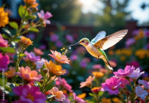a glowing robotic hummingbird pollinating virtual flowers in an augmented reality garden.