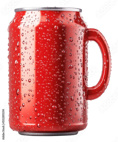 Red can with water droplets and handle resembling coffee cup, evoking refreshment., isolated
