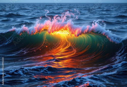 a glowing fusion of natural ocean waves powering digital communication networks beneath the sea.