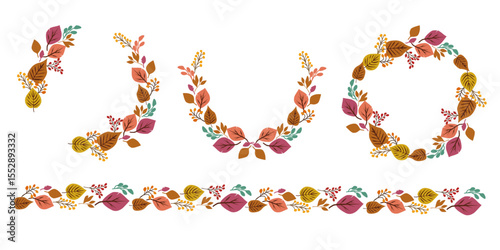 Colorful fallen leaves and berries decoration collection. Set of Autumn and thanks giving day decoration frame. Vector illustration.