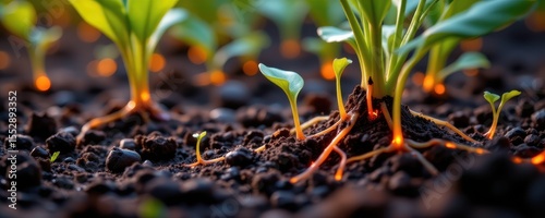 close up of glowing plant roots intertwined with smart irrigation tech monitoring soil health.
