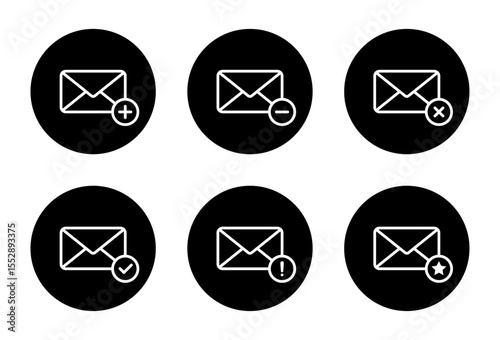 Message envelope, email icon set collection. Add, remove, delete, verified, error, and favorite mail symbol on black circle