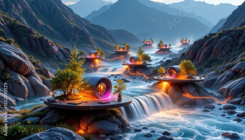 a glowing fusion of natural mountain streams powering futuristic floating data centers.