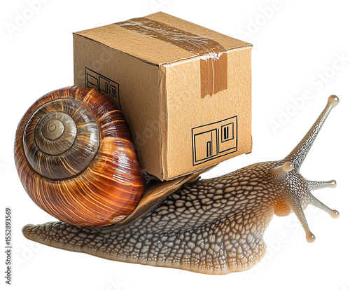 Snail carrying cardboard box on its back humorously symbolizes slow delivery., isolated