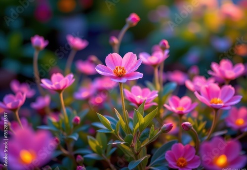 artistic scene of glowing flowers blooming under led lights powered by renewable natural energy.
