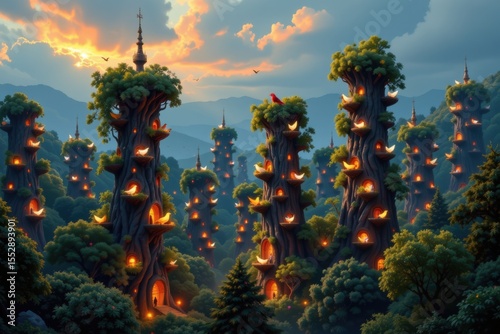 artistic scene of glowing birds nesting in towering tree skyscrapers of a living forest city.