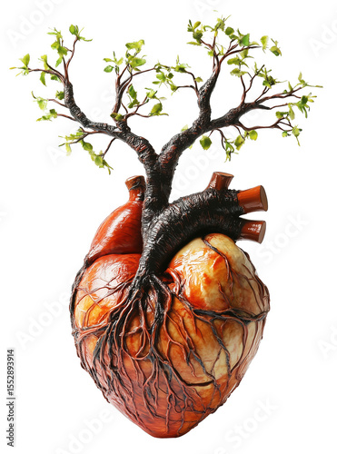Human heart with tree branches and leaves growing from it, symbolizing growth and life., isolated