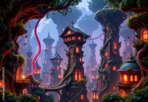 close up of glowing vines wrapping around living buildings, connecting different districts of a forest city.