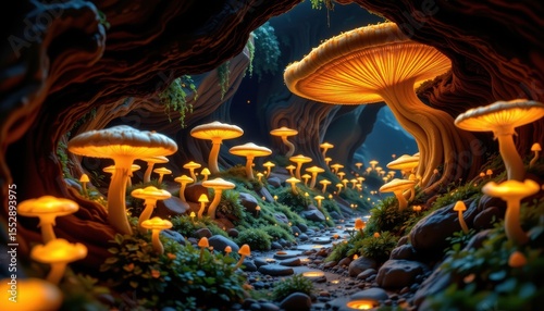close up of glowing fungi illuminating pathways in an underground section of a forest city.