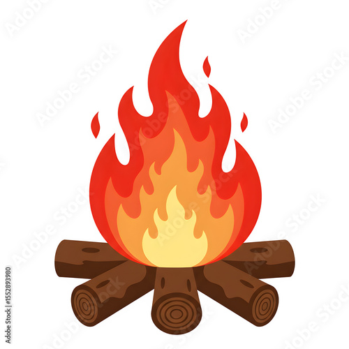 A flat-style campfire with smooth dark brown logs and vibrant, layered flames in yellow, orange, and red-orange. Isolated on a white or transparent background in PNG format.