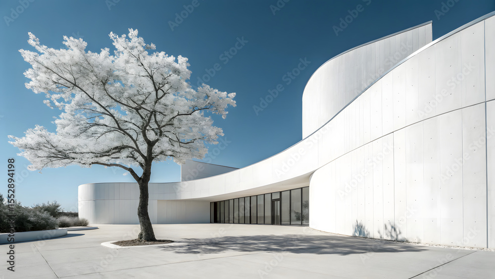 Obraz premium Minimalist Curved Building with Tree and Blue Sky