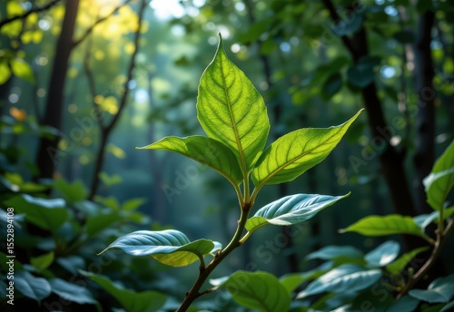artistic depiction of glowing leaves as natural solar panels powering the forest city's energy needs.