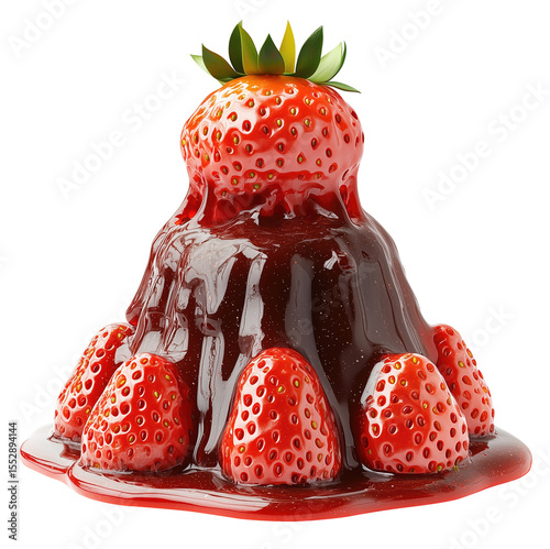 Strawberry topped dessert shaped like volcano with flowing strawberry jam creates playful and appetizing scene., isolated