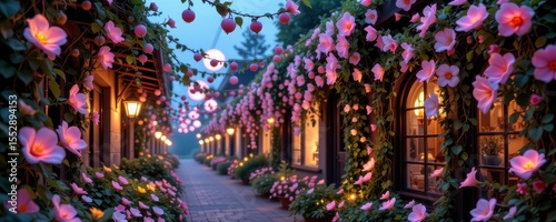 close up of glowing flowers and vines weaving through living streets, creating natural art installations.