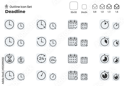 Time, date and deadline. Concept editable stroke outline icons set isolated on white background flat vector illustration. Pixel perfect.