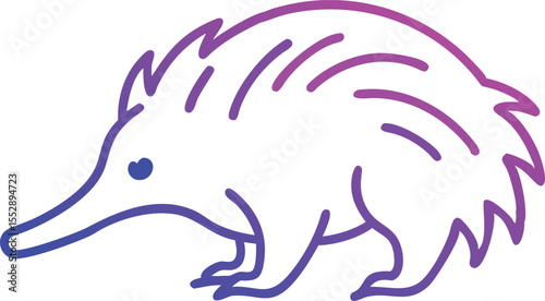 Outlined echidna exhibits purple gradient on its body as it walks forward carefully