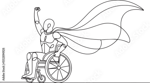 Continuous line drawing of a superhero in a wheelchair with raised arm and flowing cape, minimalist black and white vector illustration
