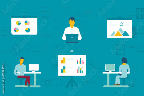 business, vector, people, businessman, cartoon, illustration, work, concept, office, success, woman, idea, computer, person, men, room, presentation, education, sign, team