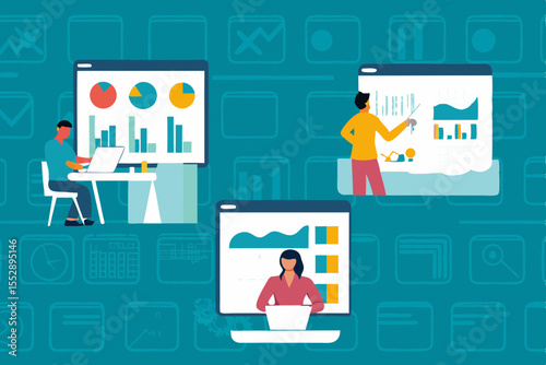 business, vector, people, businessman, cartoon, illustration, work, concept, office, success, woman, idea, computer, person, men, room, presentation, education, sign, team
