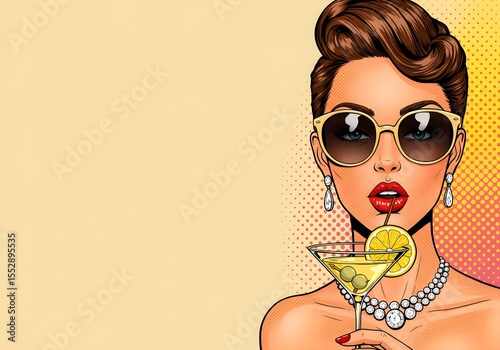 A pop art image of a woman with retro sunglasses, red lips, and a martini glass with a lemon, A fashionista wearing sunglasses and a retro hairstyle holds an elegant martini glass, a lemon garnish