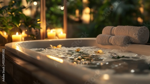 Relaxing hot tub with candles and towels