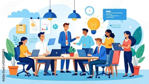 Diverse team in a meeting, brainstorming ideas around a table