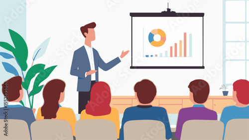 business team in front of graph, presentation to audience vector